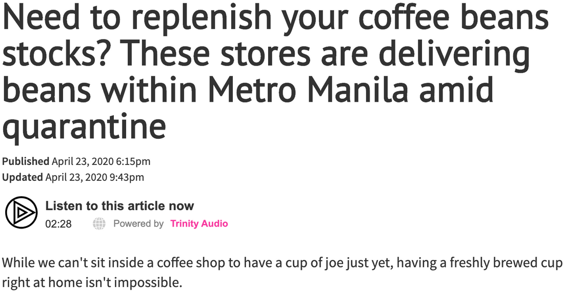 GMA NEWS ONLINE: Need to replenish your coffee beans stocks? These stores are delivering beans within Metro Manila amid quarantine